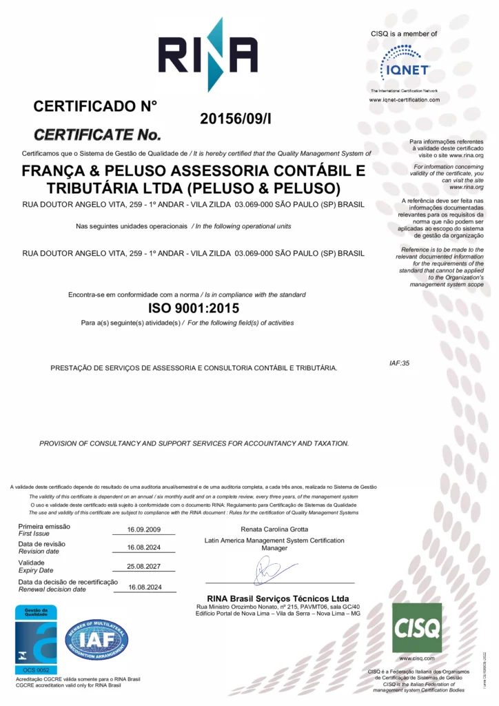 Certificado Iaf - Contabilidade na Zona Leste - SP | Peluso & Peluso