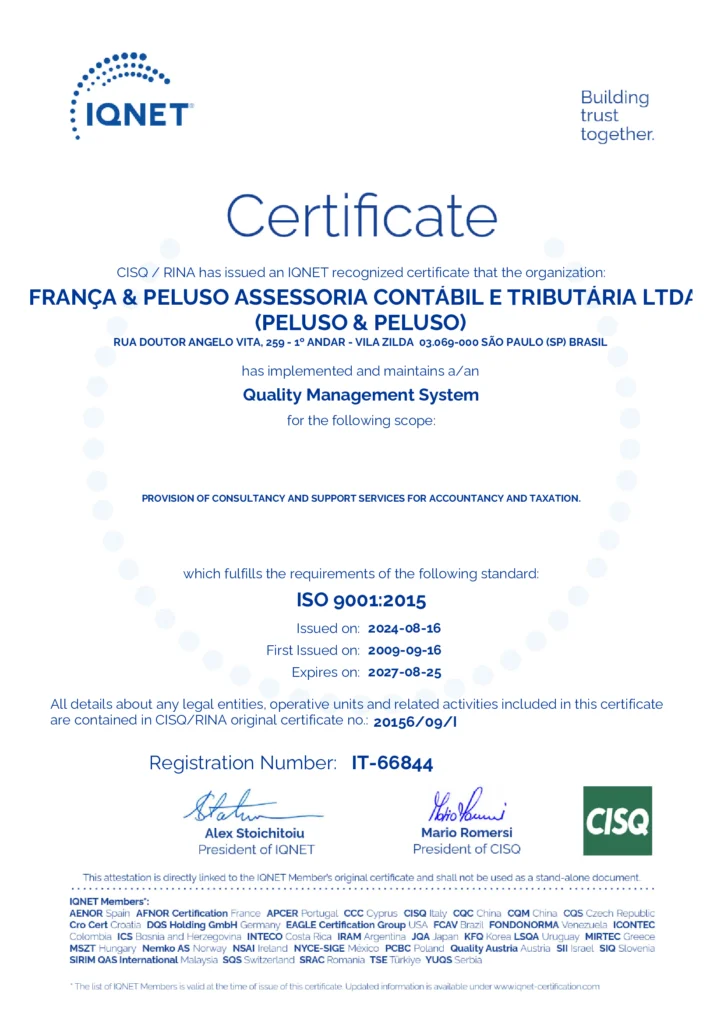 Certificate - Contabilidade na Zona Leste - SP | Peluso & Peluso